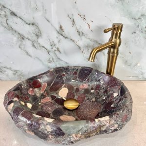 Polished Mosaic River Stone Vanity Bowl – Nature’s Artwork in Full Color