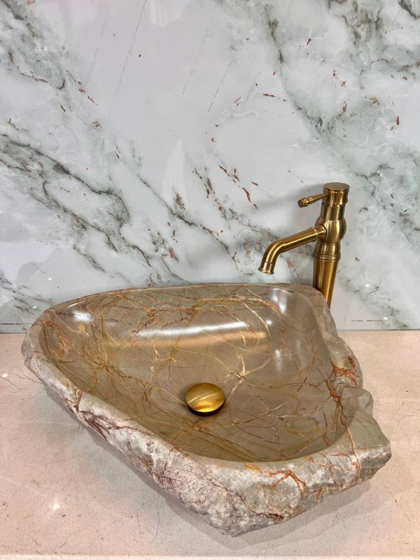 Golden Vein River Stone Vanity Bowl – Sculpted Natural Grace