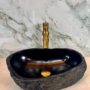 Deep Matte Black River Stone Vanity Bowl – Sculpted Shadow Elegance