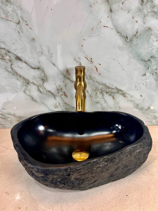 Deep Matte Black River Stone Vanity Bowl – Sculpted Shadow Elegance