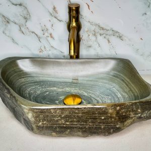 Wave-Patterned Grey River Stone Vanity Bowl – Natural Flow, Hand-Finished