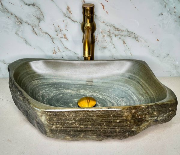 Wave-Patterned Grey River Stone Vanity Bowl – Natural Flow, Hand-Finished