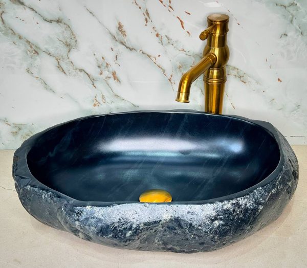 Satin Black River Stone Vanity Bowl – Bold Simplicity, Handcrafted Form