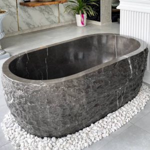 Hand-Carved Black Marble River Stone Bathtub – Sculpted Serenity