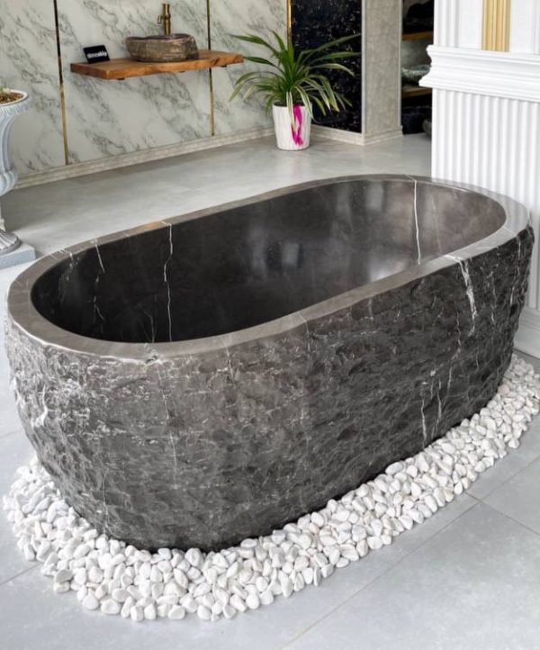 Hand-Carved Black Marble River Stone Bathtub – Sculpted Serenity