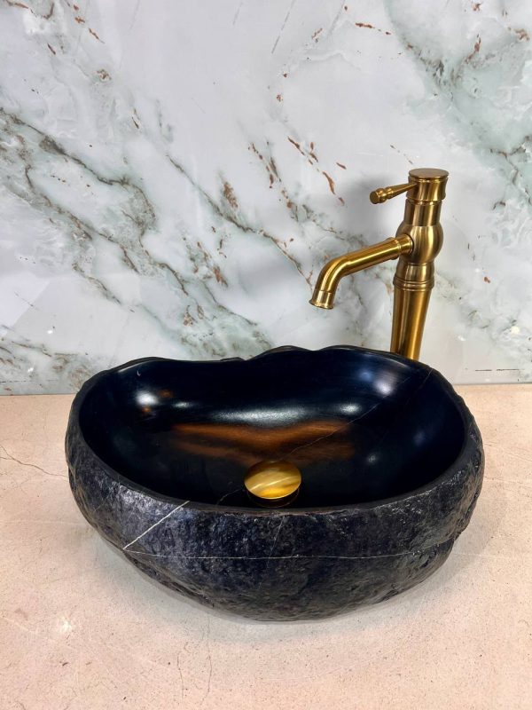 Black River Stone Vanity Bowl – Polished Interior with Brass Drain - Image 2