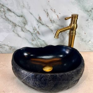 Black River Stone Vanity Bowl – Polished Interior with Brass Drain